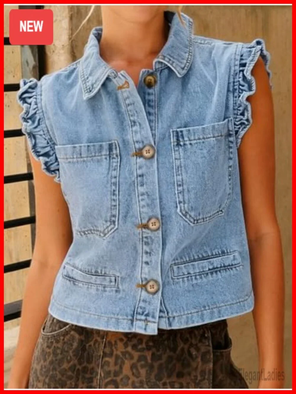 Women's Sleeveless Denim Vest Ruffle Cuffed Cropped Jacket Cotton Blend Country
